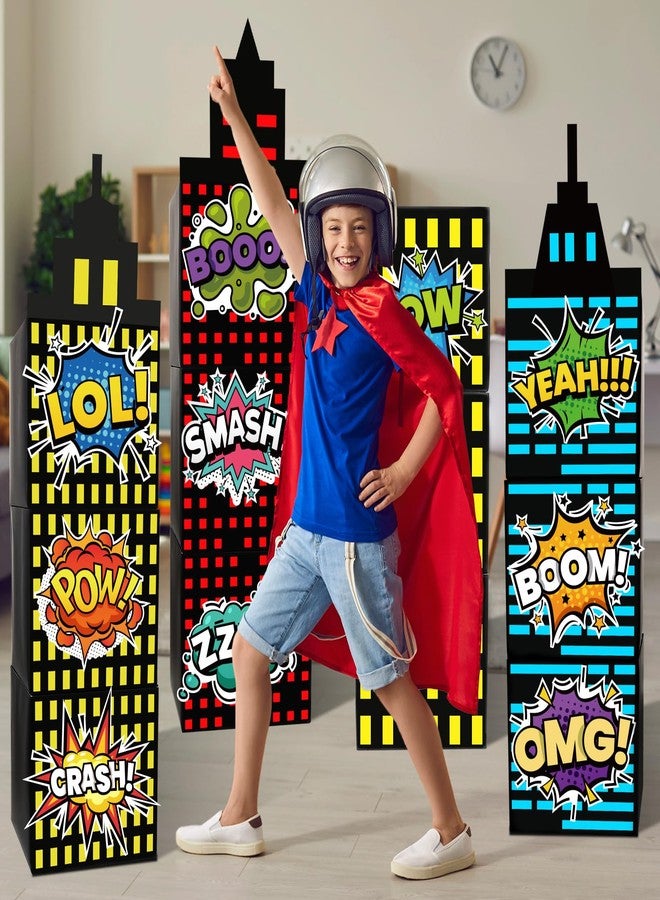BLSUREFYX 25pcs Skyscraper Party Decoration Large Super Themed Hero Background Box City Skyline Building Party Decor Include 12 Skyscraper Box 10 Sticker 3 Roof for Boy Girl Comic Book Themed Party Supplies - Image 2